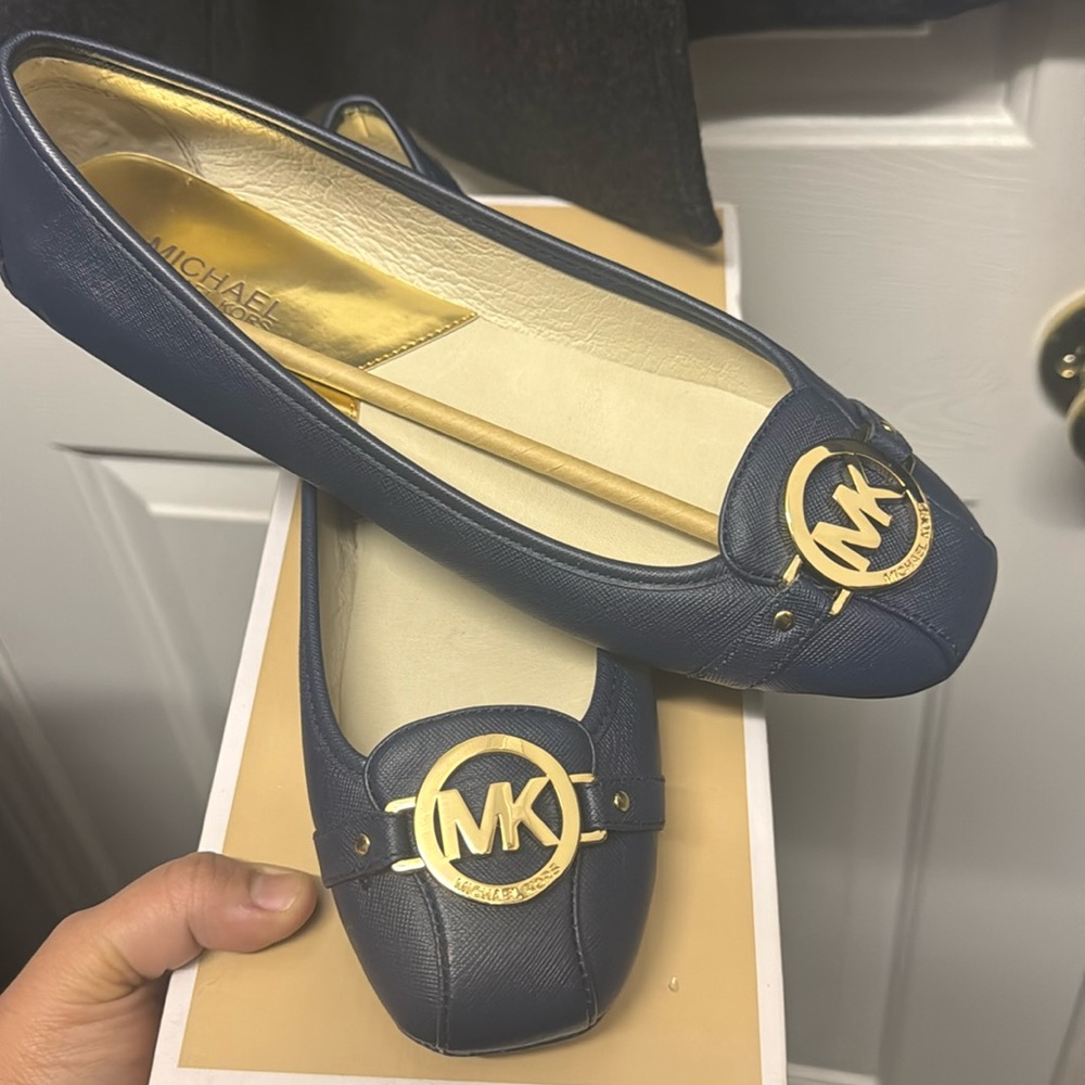 Mk flat shoes navy with gold brand new